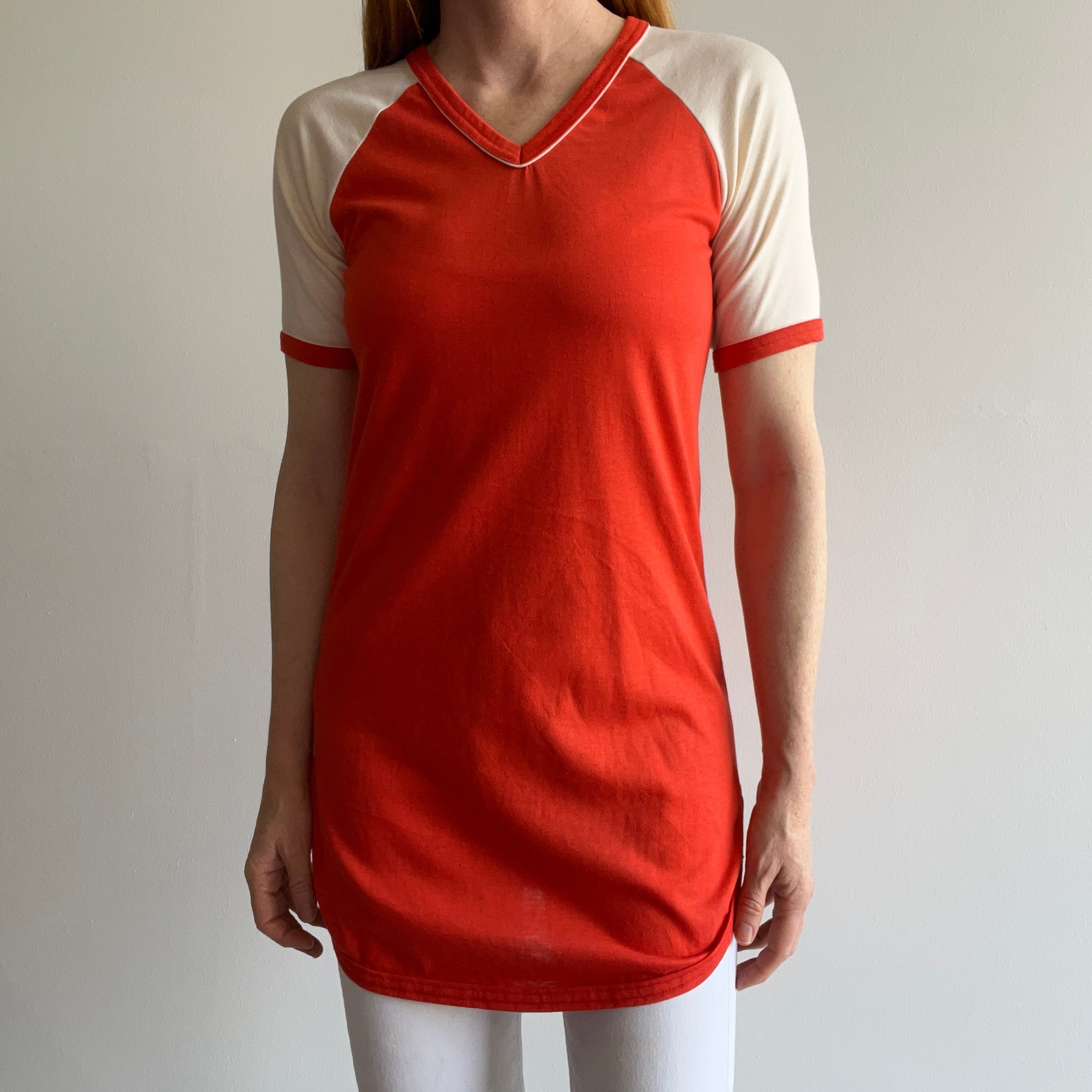 1970s Longer Two Toned V-Neck Baseball Ring T-Shirt/Mini Dress??