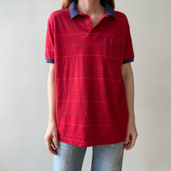 1980s Red and Navy Thin Striped Polo Style T Shirt