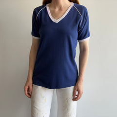 1970s Navy and White Soft Jersey Knit V-Neck Ring T-Shirt