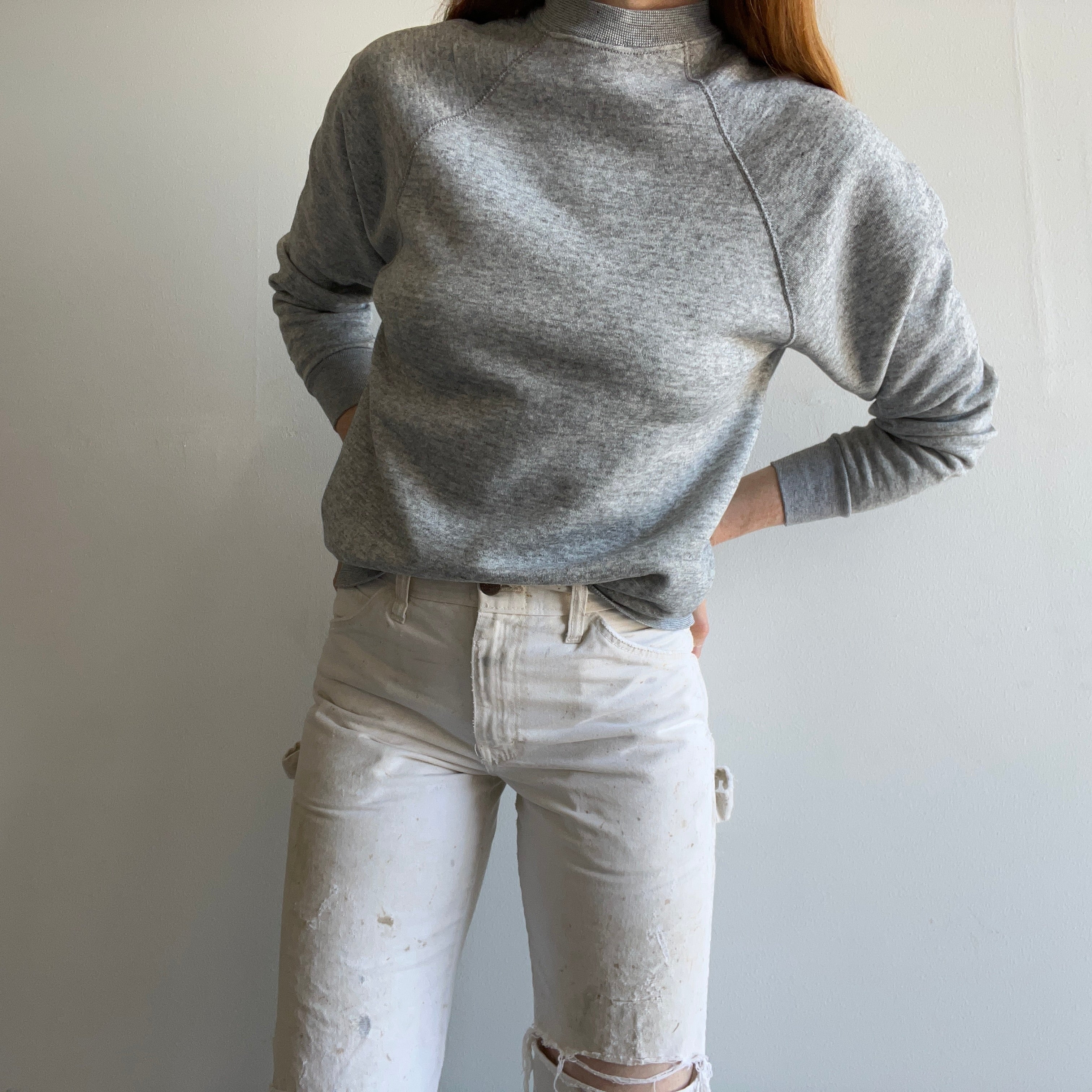 1980s Blank Gray Sweatshirt with a Little Sleeve Mending