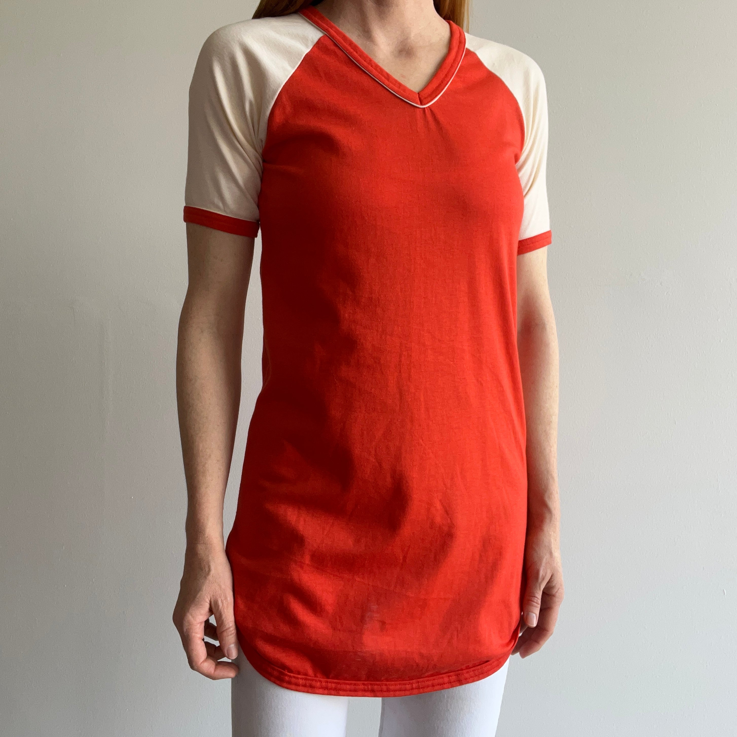 1970s Longer Two Toned V-Neck Baseball Ring T-Shirt/Mini Dress??