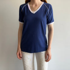 1970s Navy and White Soft Jersey Knit V-Neck Ring T-Shirt