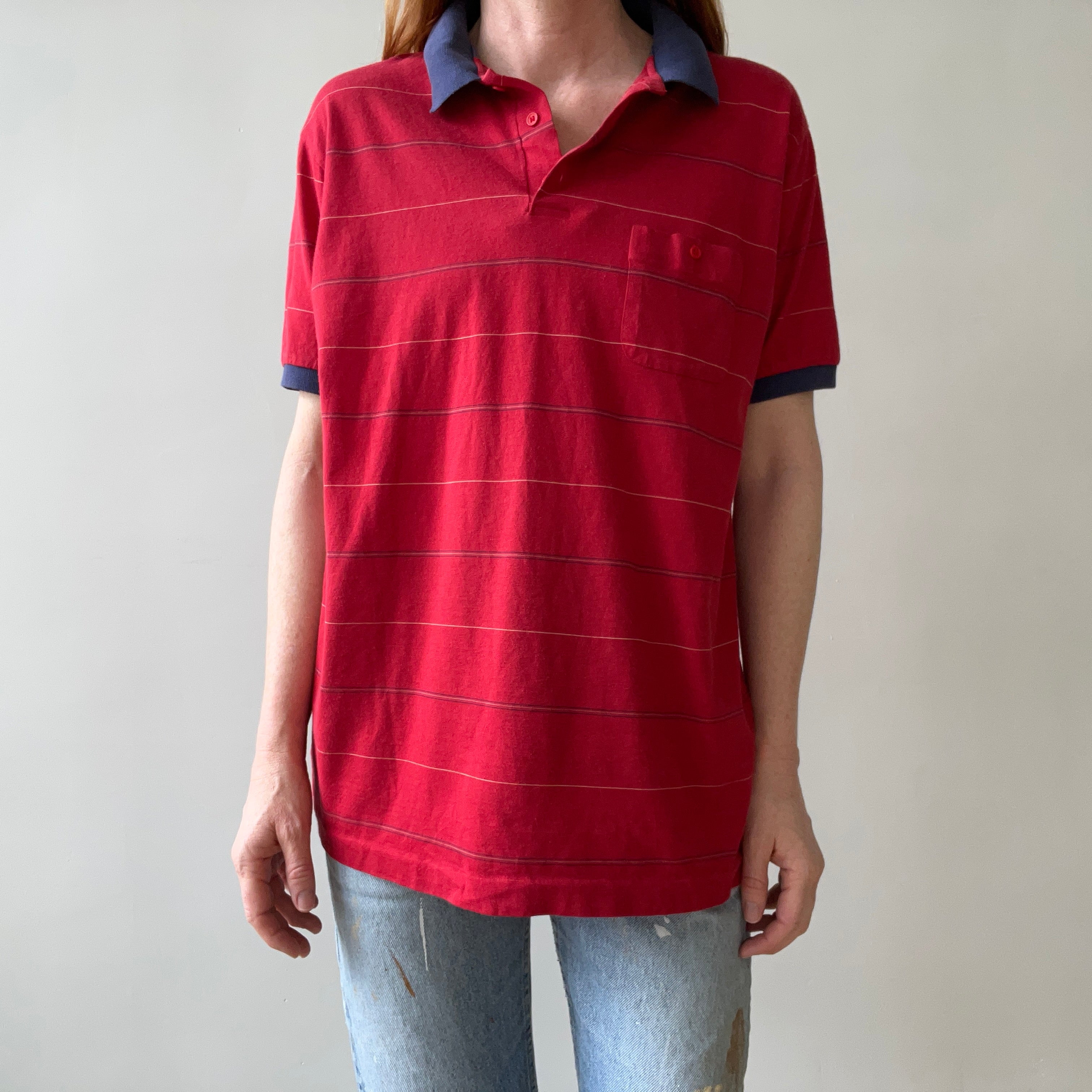 1980s Red and Navy Thin Striped Polo Style T Shirt