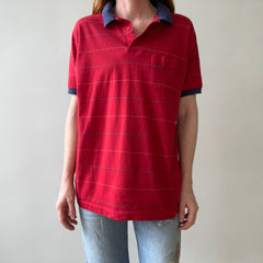 1980s Red and Navy Thin Striped Polo Style T Shirt