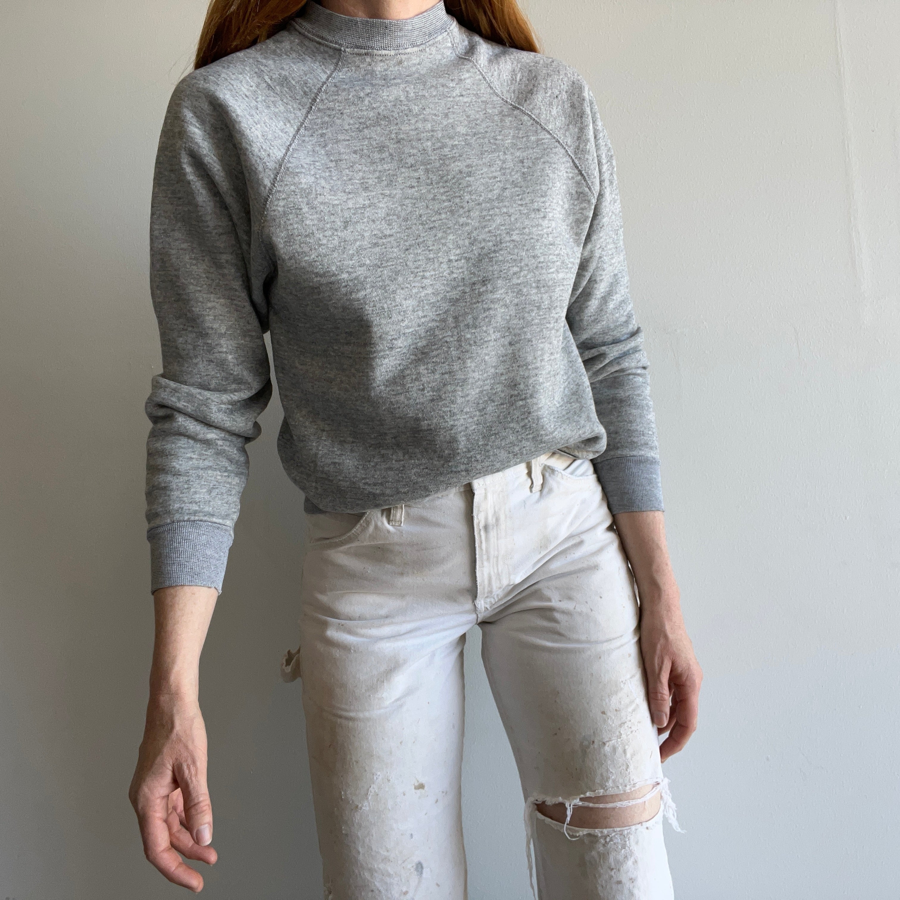 1980s Blank Gray Sweatshirt with a Little Sleeve Mending