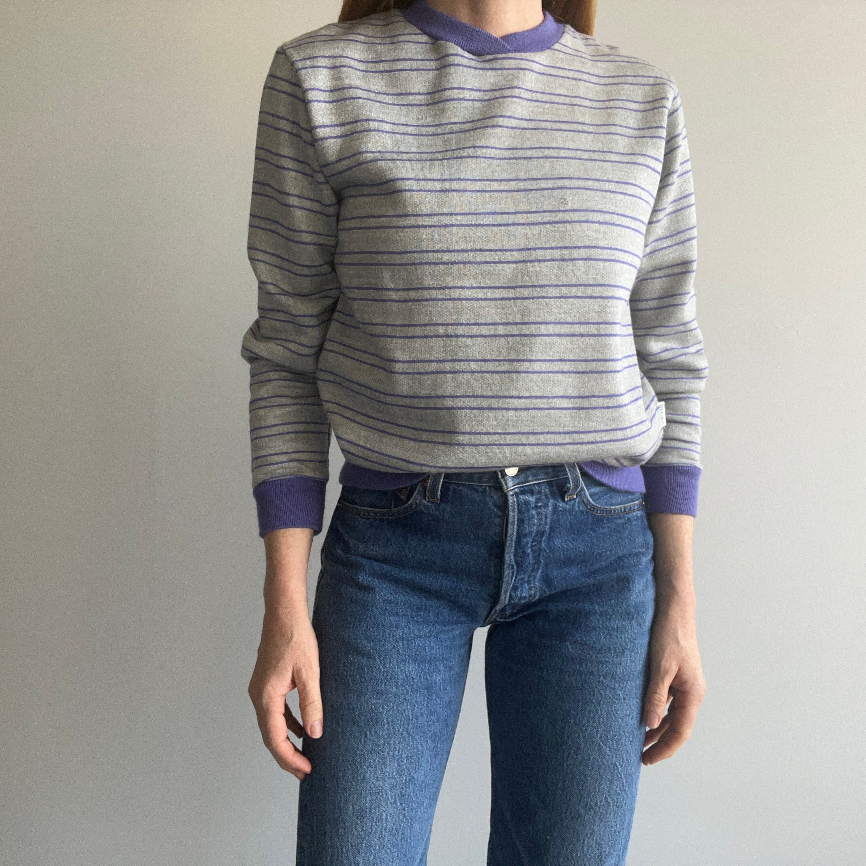 1980s Purple and Gray Striped Sweatshirt by Wilson!