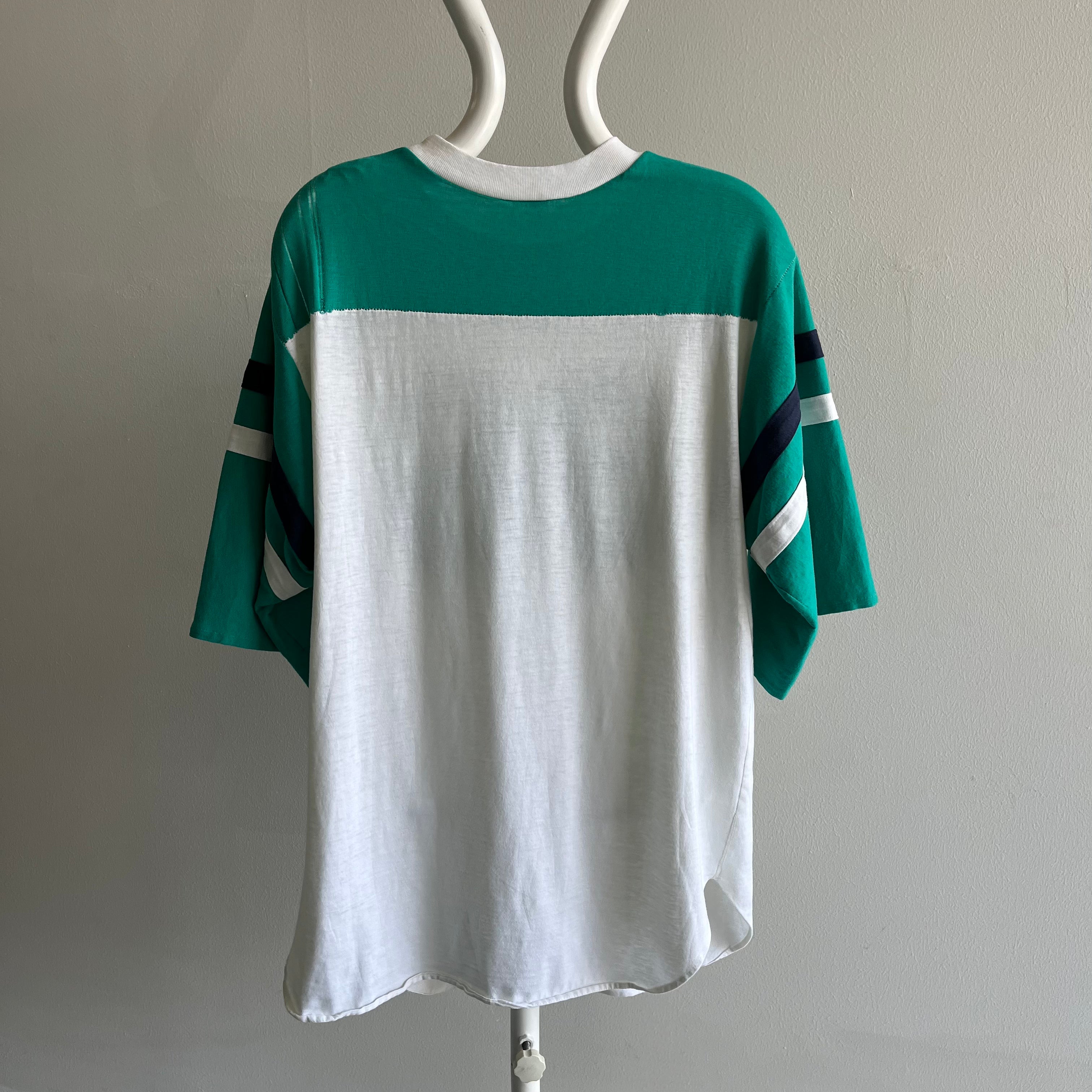 1986 Very Slouchy and Thin Football T-Shirt with XL Sleeves