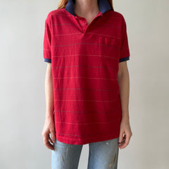 1980s Red and Navy Thin Striped Polo Style T Shirt