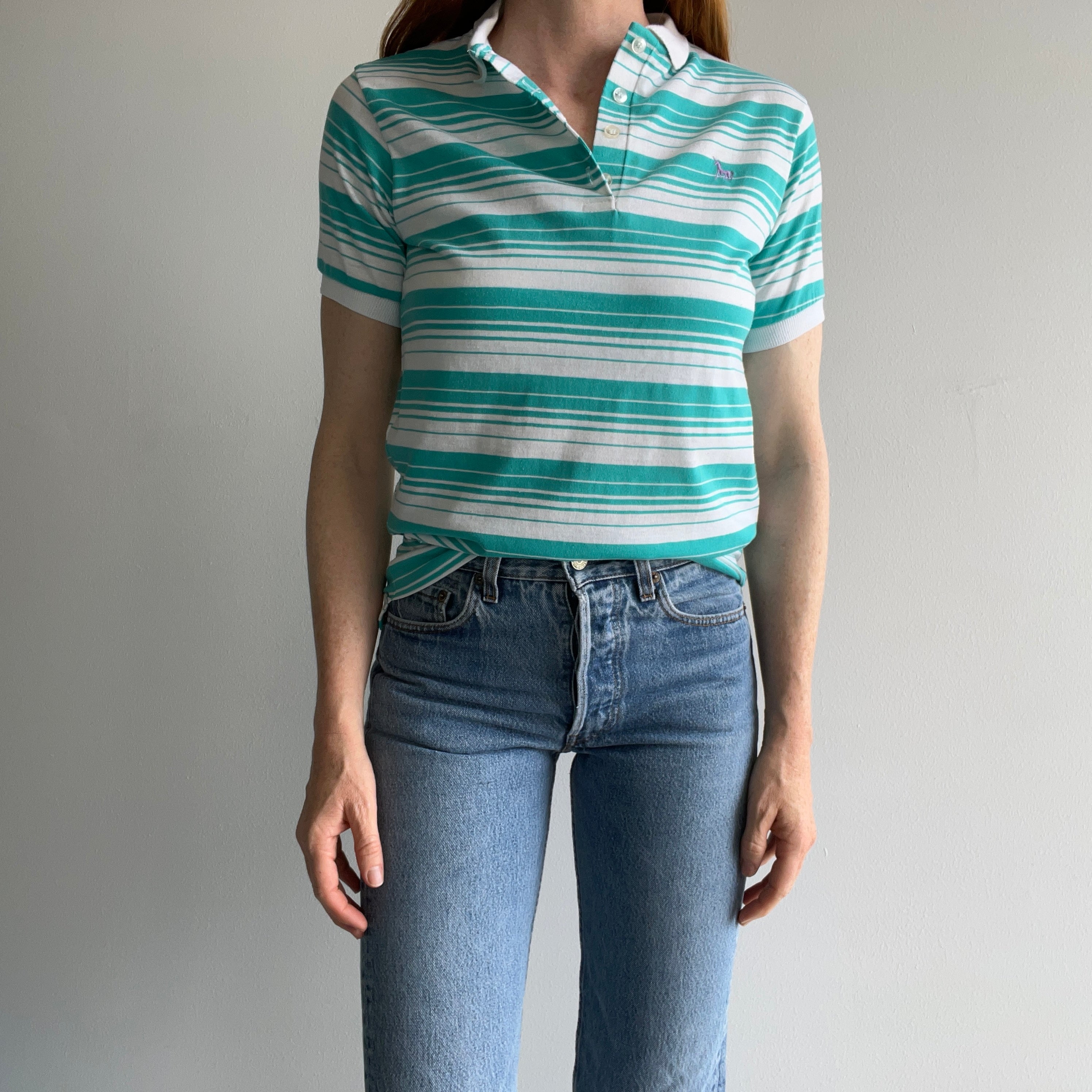 1980s Cute Striped Polo with a Unicorn on It :)