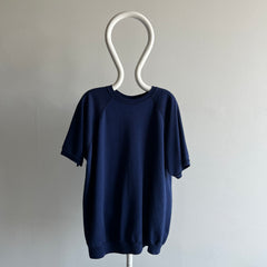 1980s Dreamy Soft and Slouchy Longer Cut Navy Short Sleeve Warm Up Sweatshirt