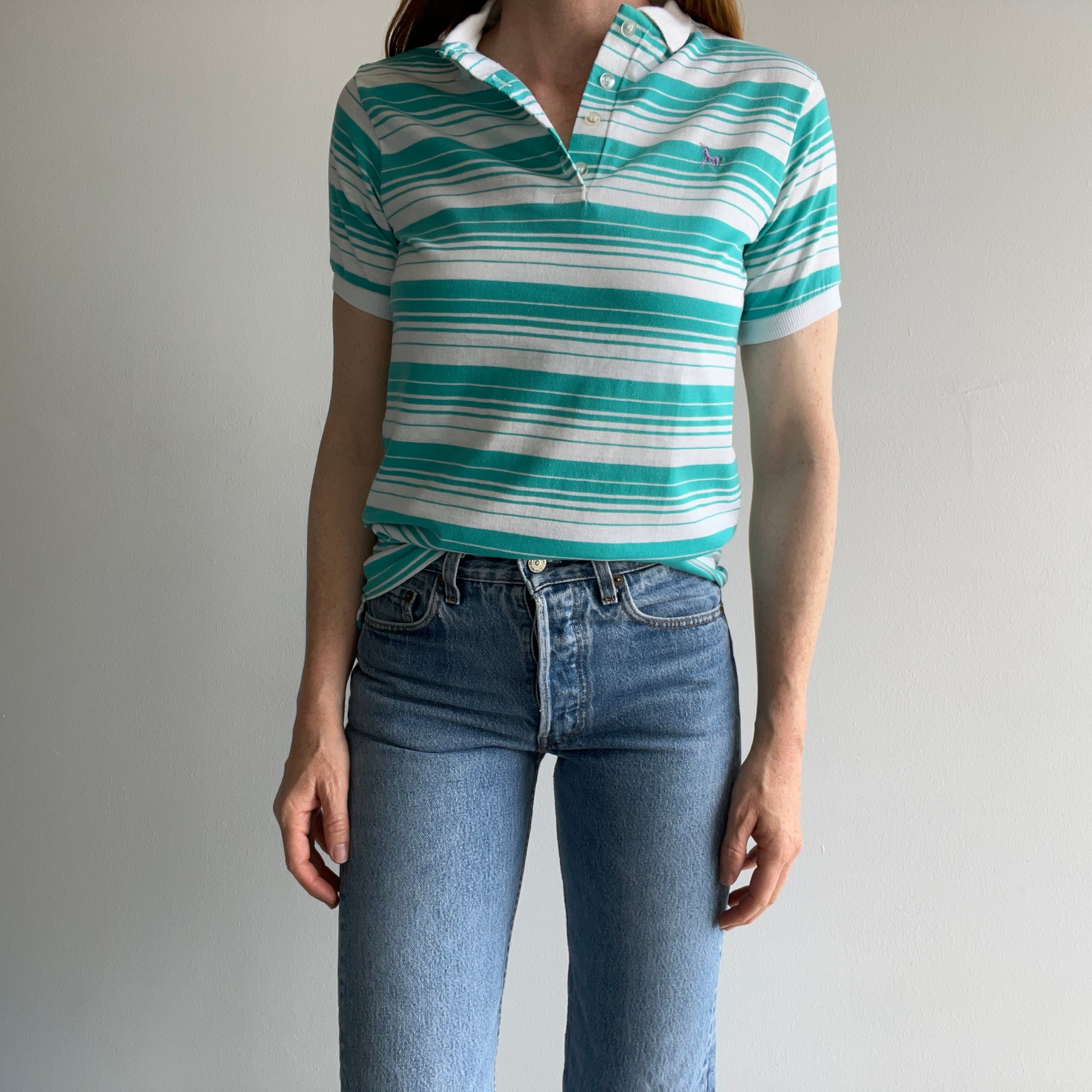 1980s Cute Striped Polo with a Unicorn on It :)