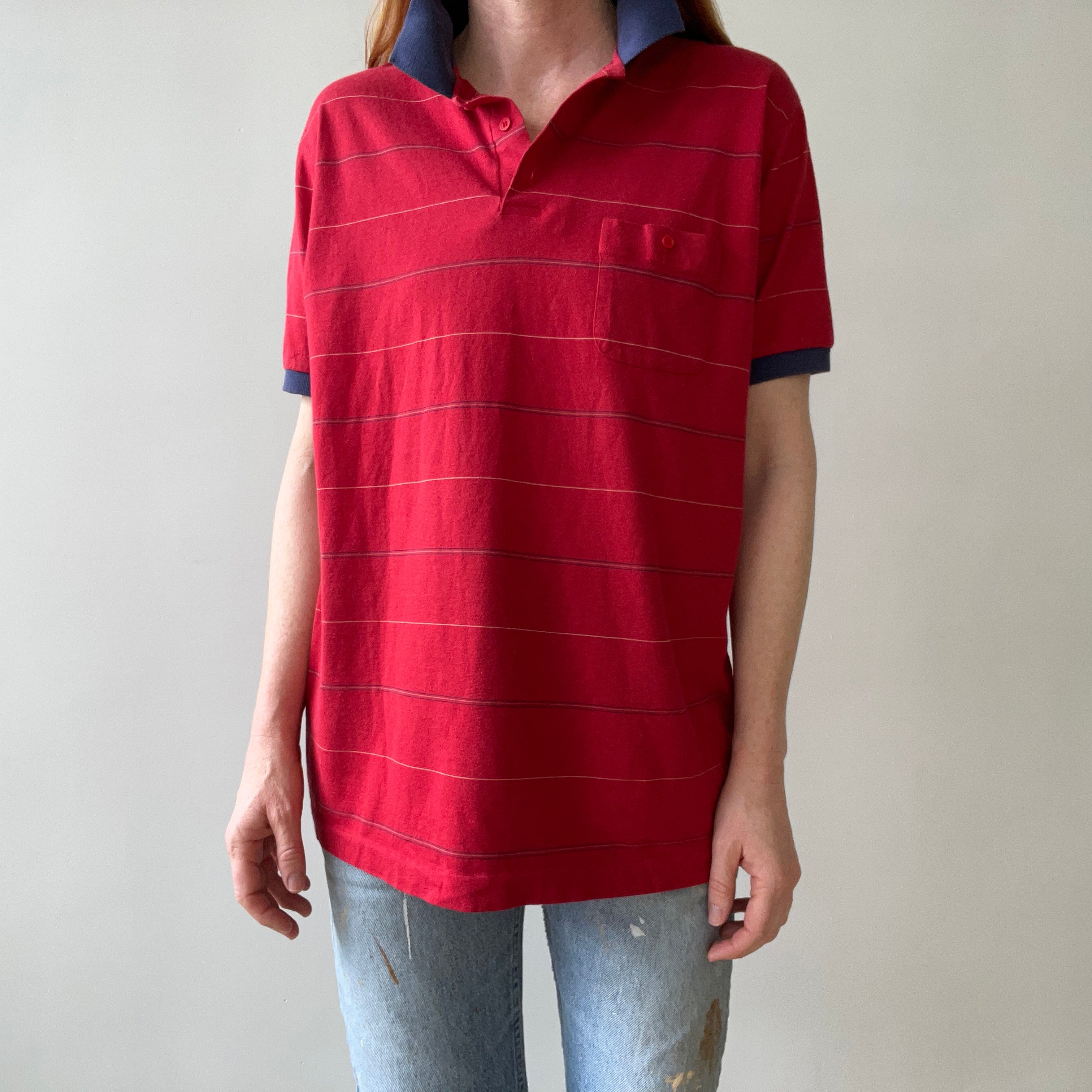 1980s Red and Navy Thin Striped Polo Style T Shirt