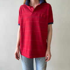1980s Red and Navy Thin Striped Polo Style T Shirt
