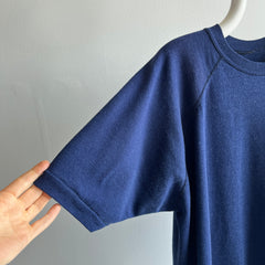 1980s Dreamy Soft and Slouchy Longer Cut Navy Short Sleeve Warm Up Sweatshirt