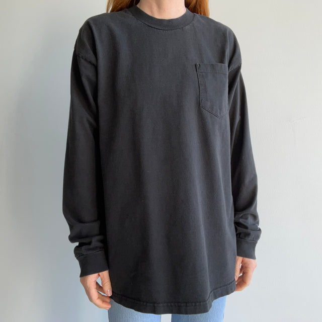 1990s Blank Perfectly Faded Long Sleeve Black Pocket T-Shirt by BVD