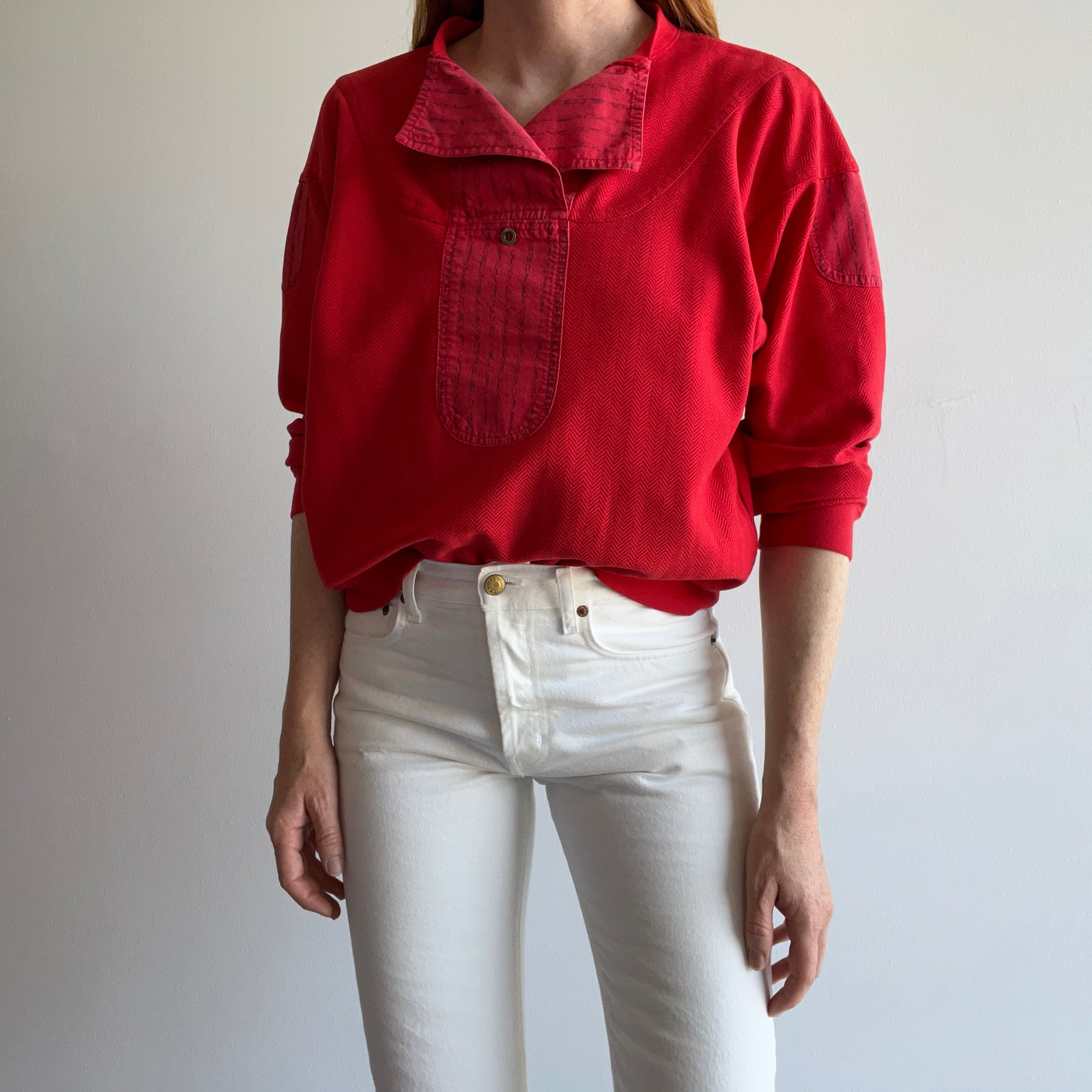 1980s Chevron Striped Double Chested Buttoned Super Cool Red Sweatshirt