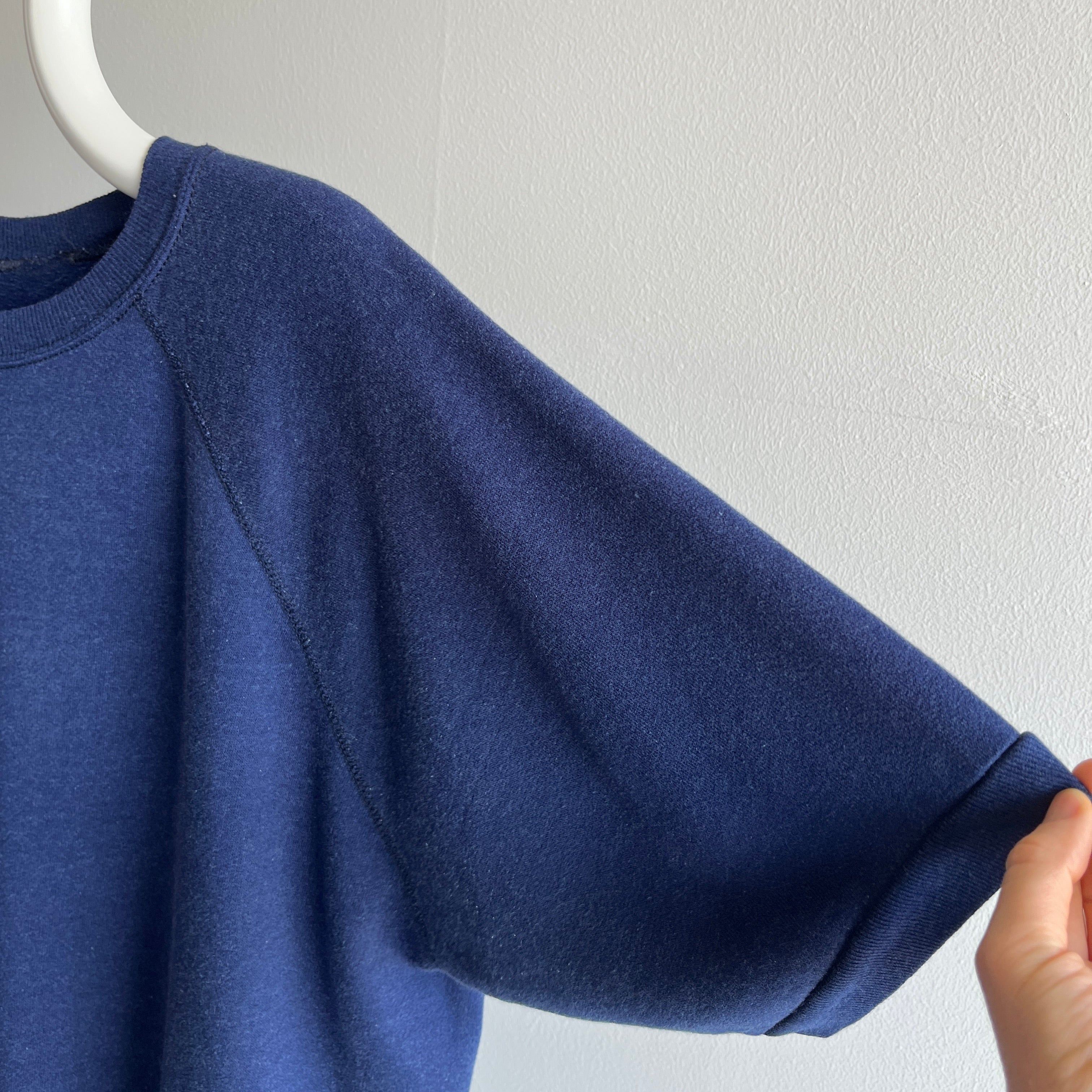 1980s Dreamy Soft and Slouchy Longer Cut Navy Short Sleeve Warm Up Sweatshirt