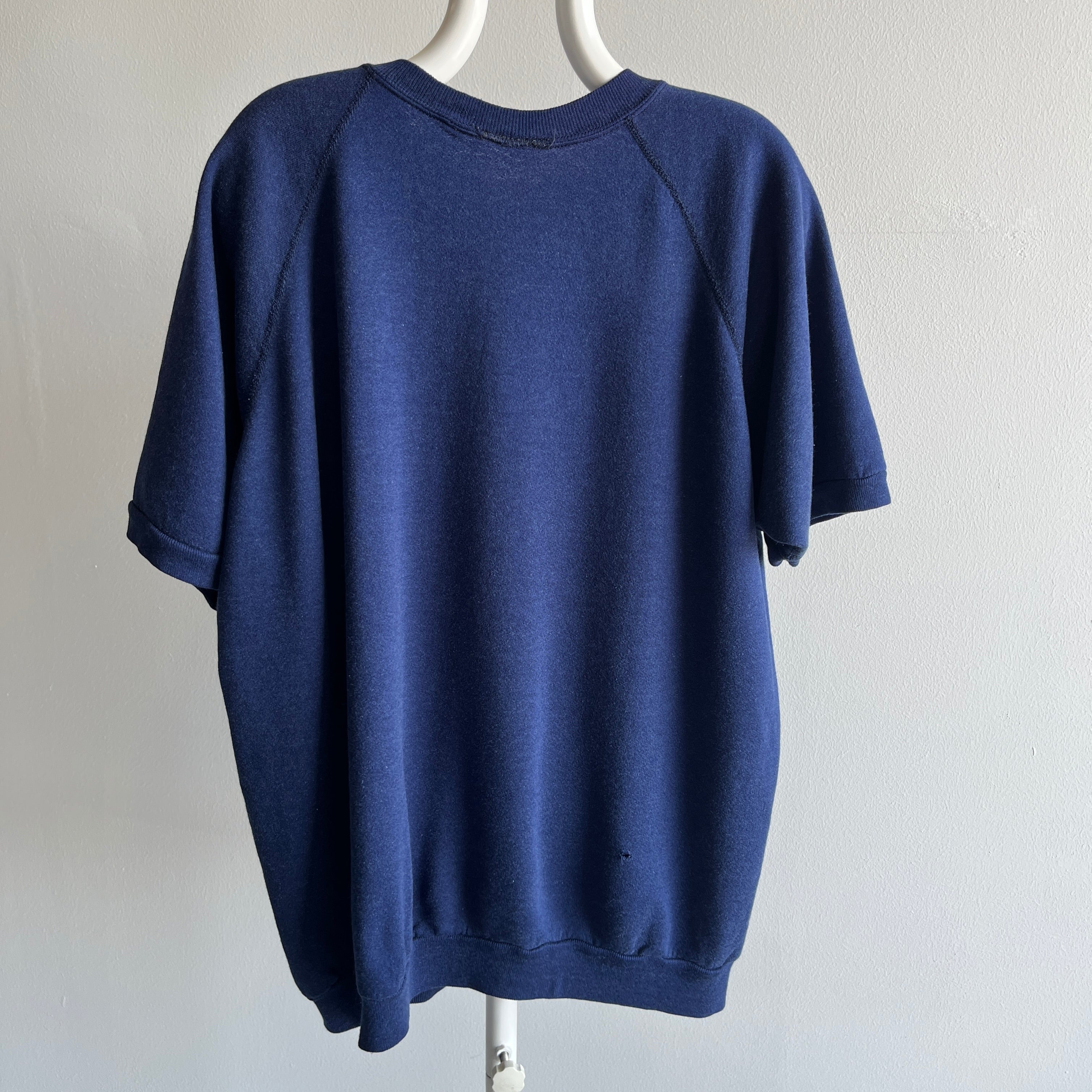 1980s Dreamy Soft and Slouchy Longer Cut Navy Short Sleeve Warm Up Sweatshirt