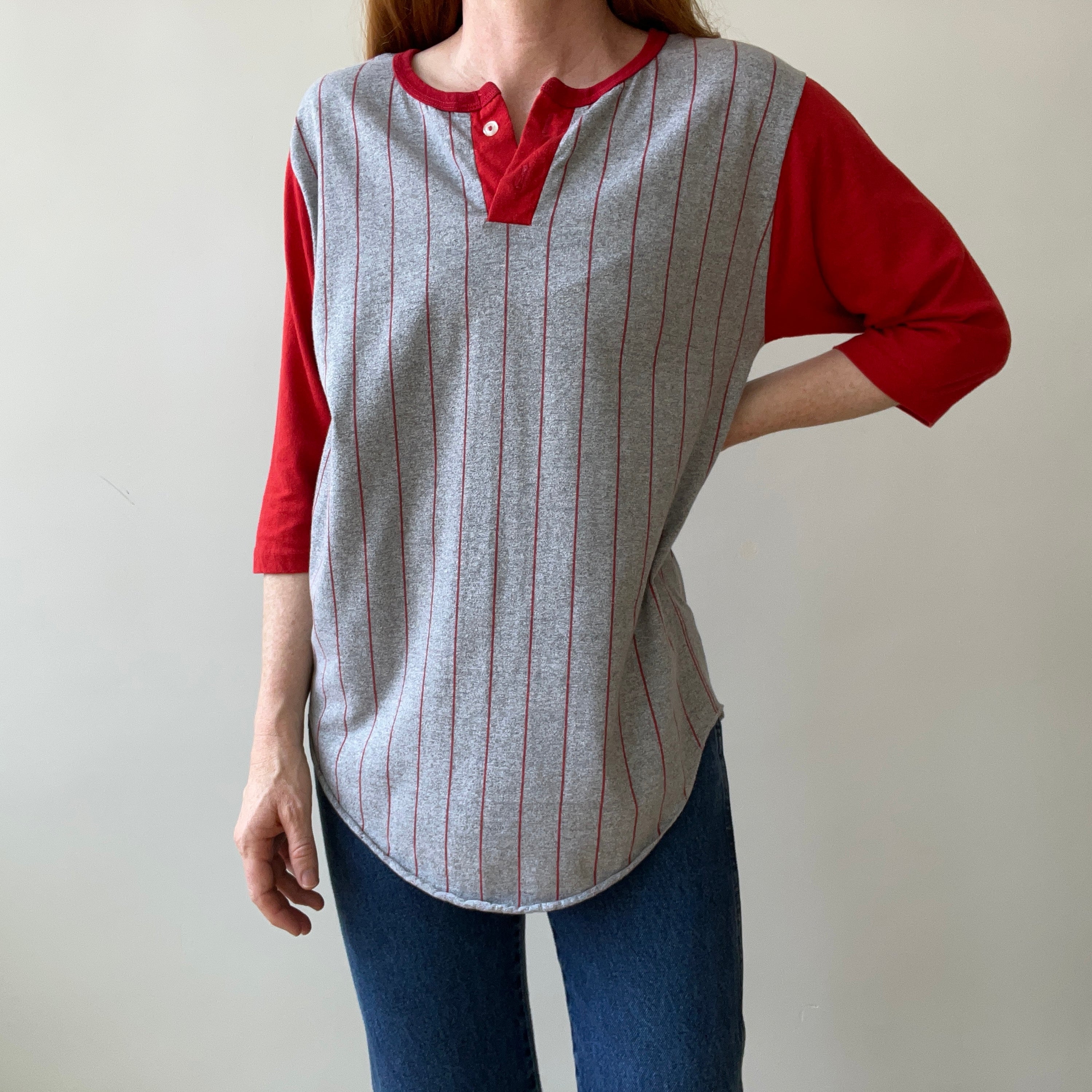 1970s/80s Two Tone Striped Baseball Henley 3/4 Sleeve T-Shirt