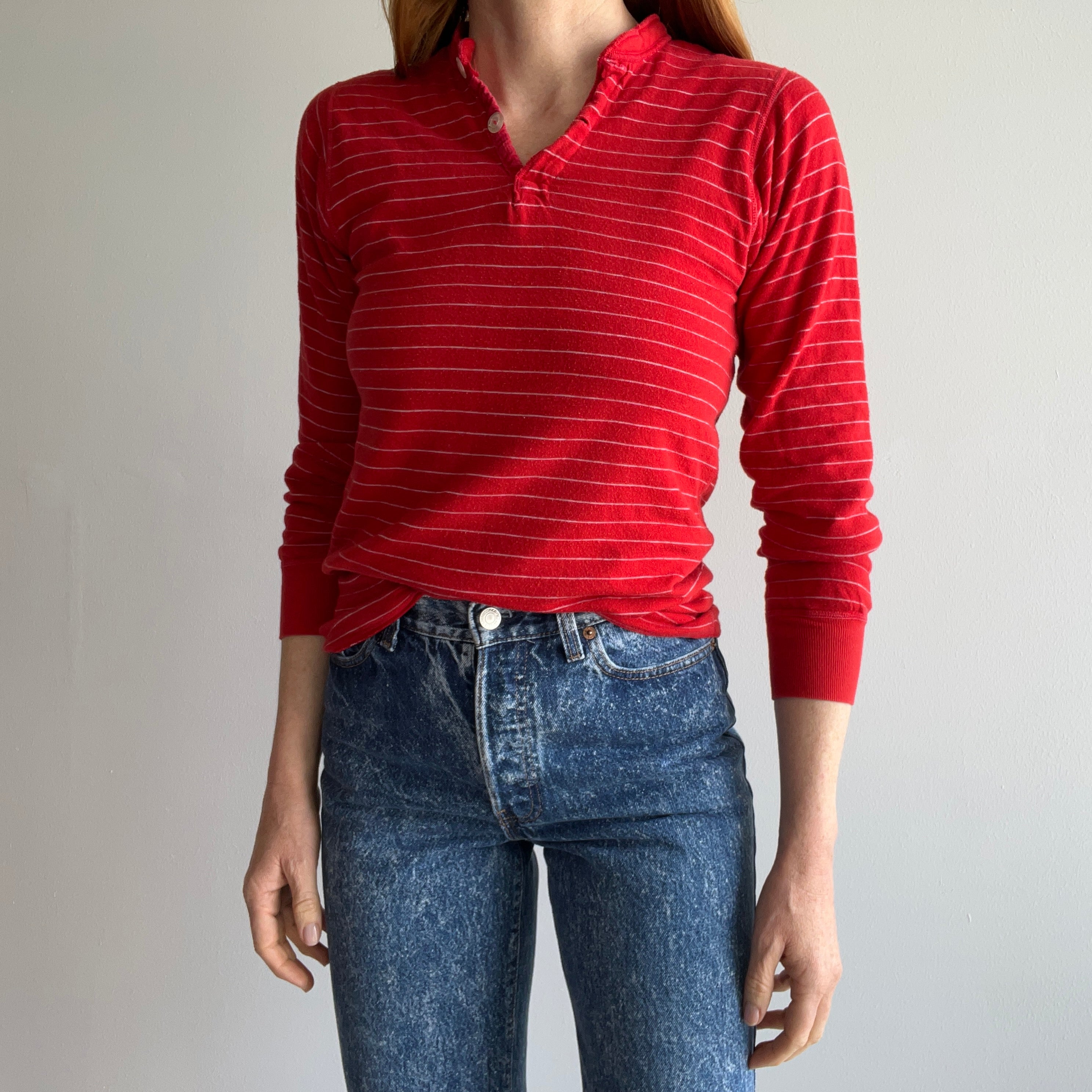 1980s Awesome Striped Duofold Henley Long Sleeve