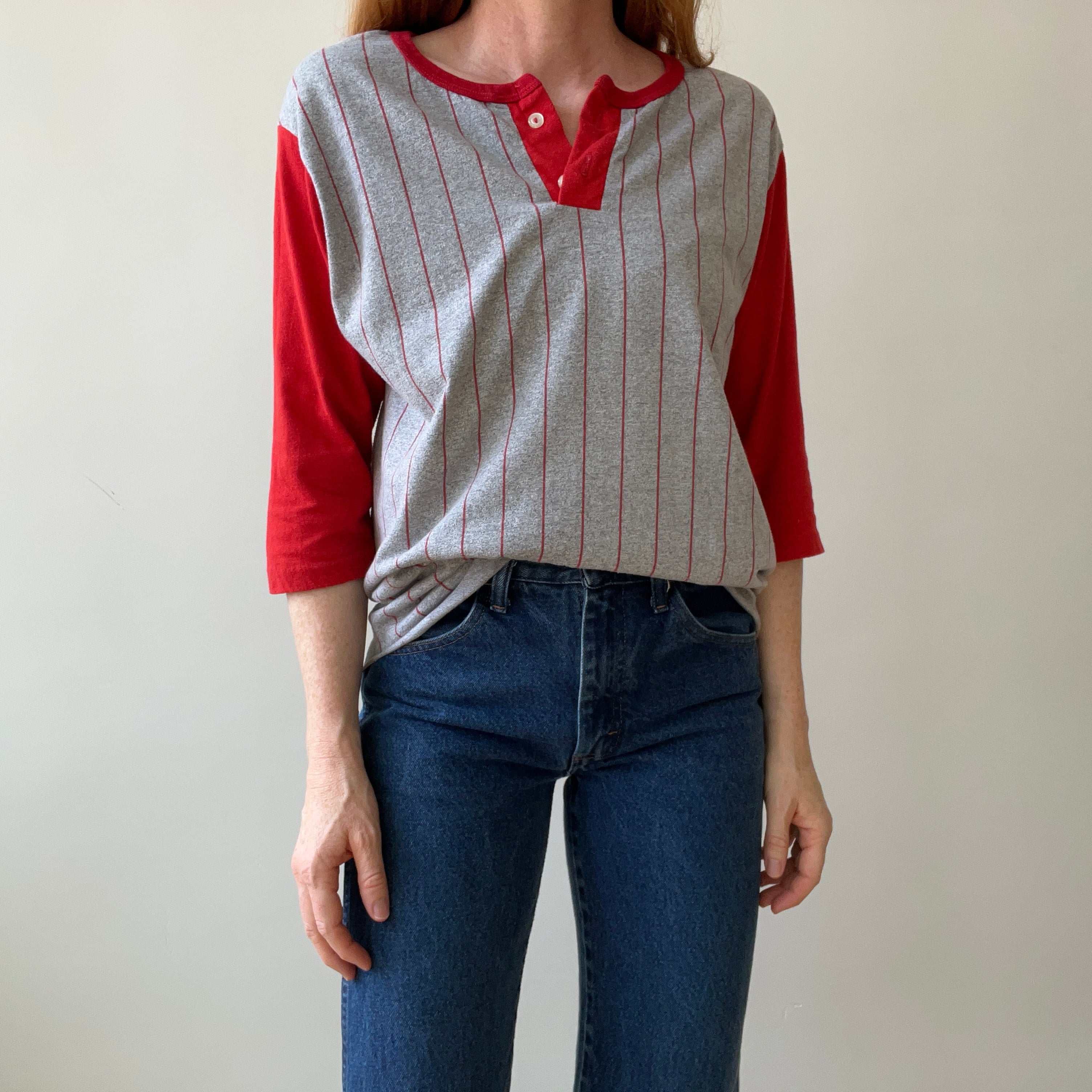 1970s/80s Two Tone Striped Baseball Henley 3/4 Sleeve T-Shirt