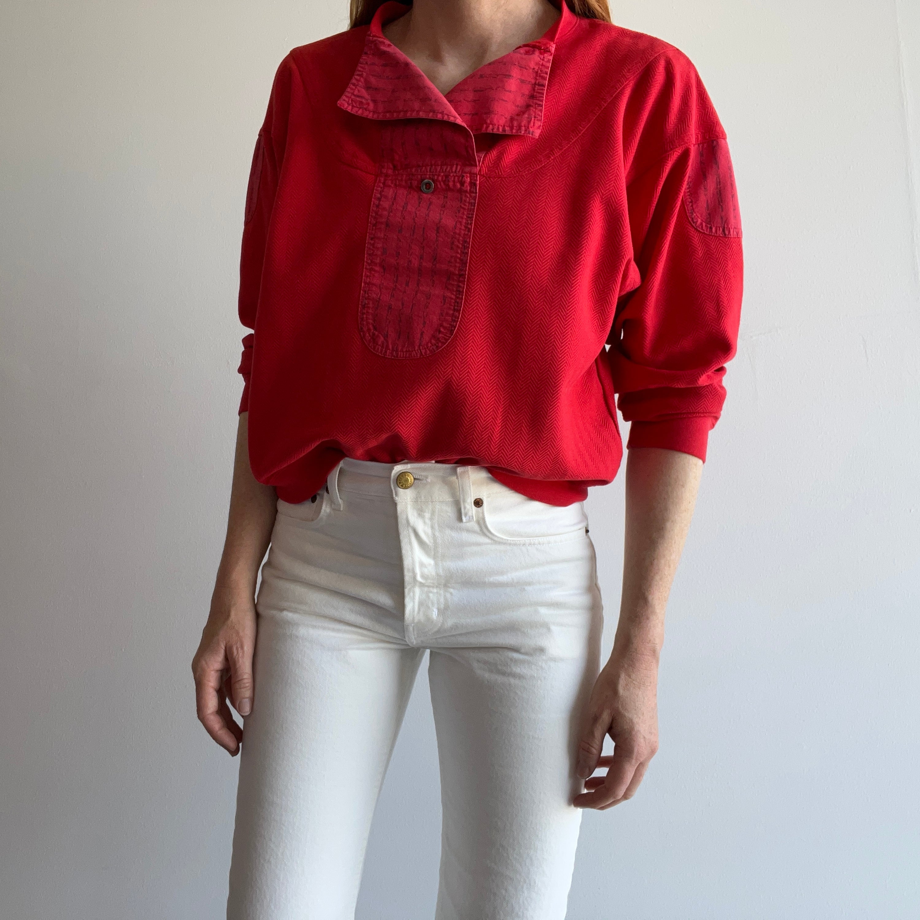 1980s Chevron Striped Double Chested Buttoned Super Cool Red Sweatshirt