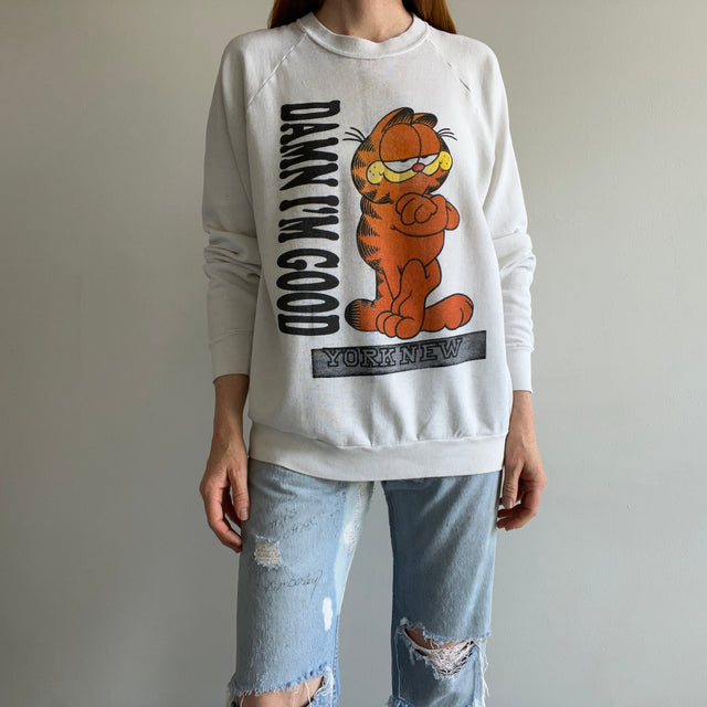1980s Thinned Out "York New" Garfield Sweatshirt - WOW