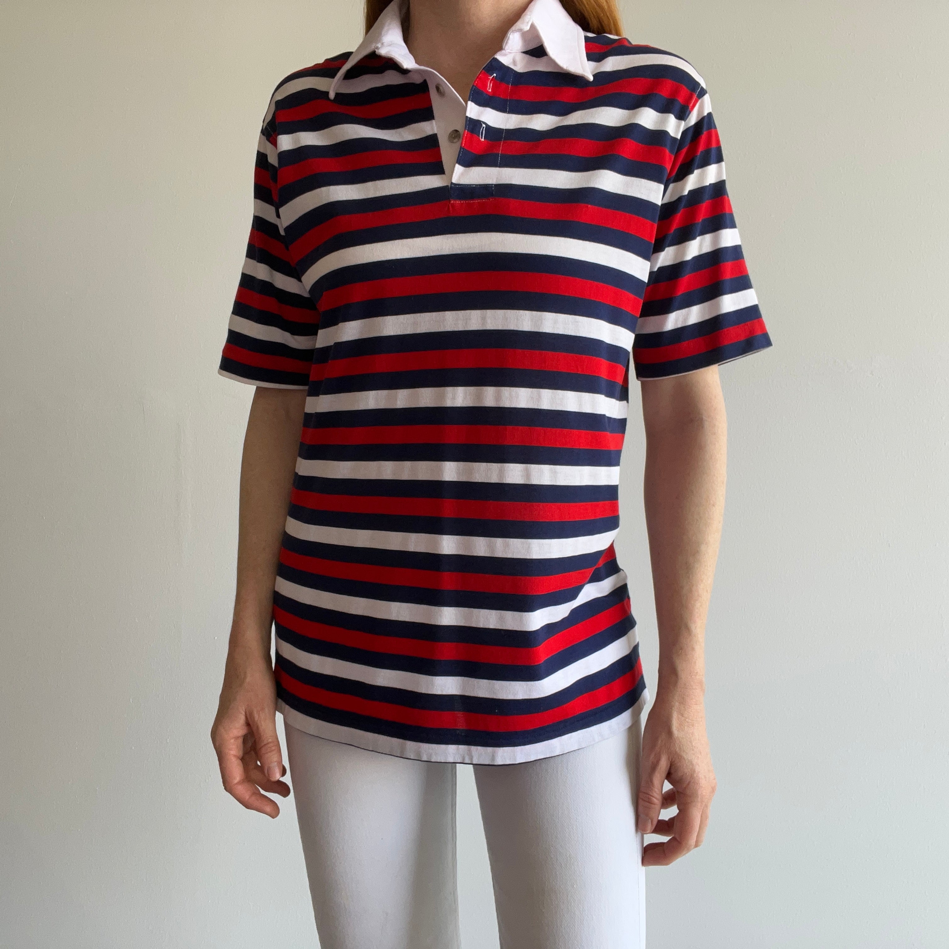 1970/80s Red, White and Blue Striped Polo Shirt