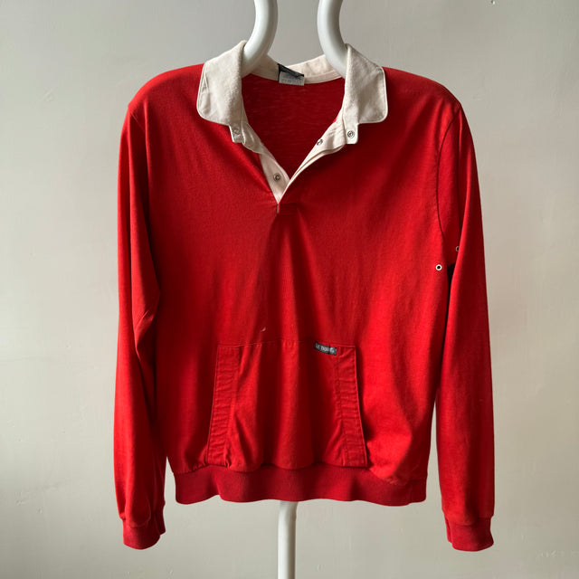 1980s Le Tigre Long Sleeve Polo with a Hoodie Pouch - WOW/Stained