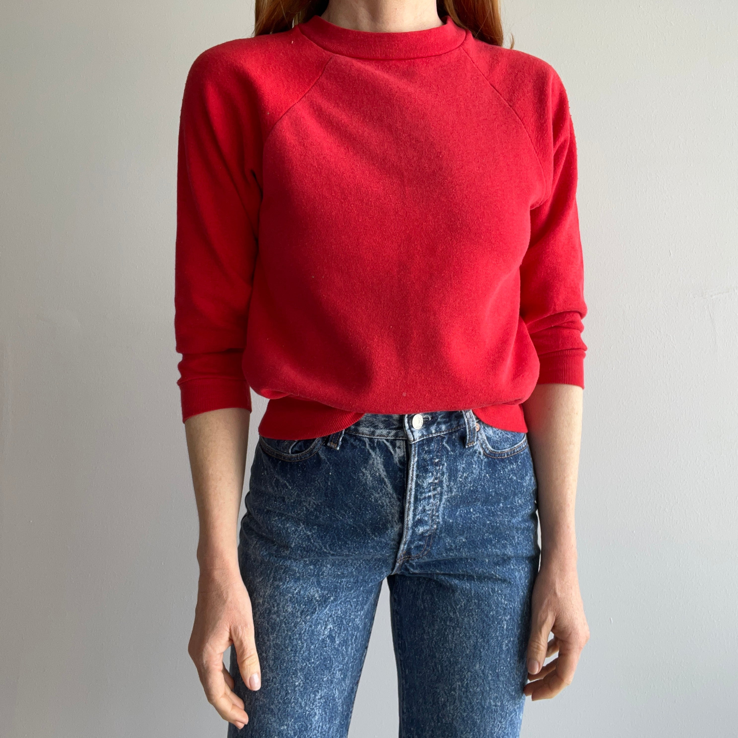 1980s Shorter Long Sleeve Perfectly Red Raglan Sweatshirt