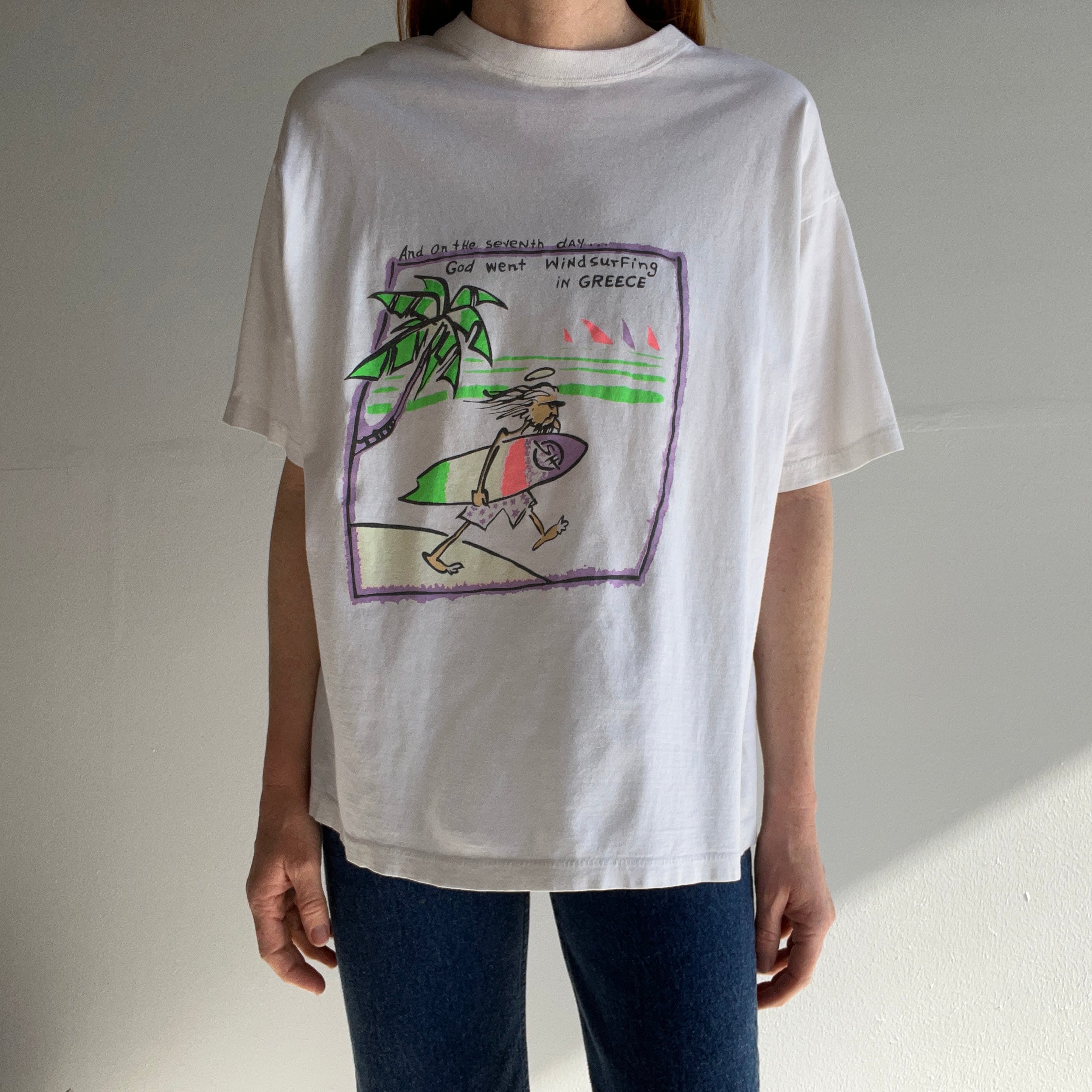 1990s And On The Seventh Day God Went Windsurfing in Greece T-Shirt