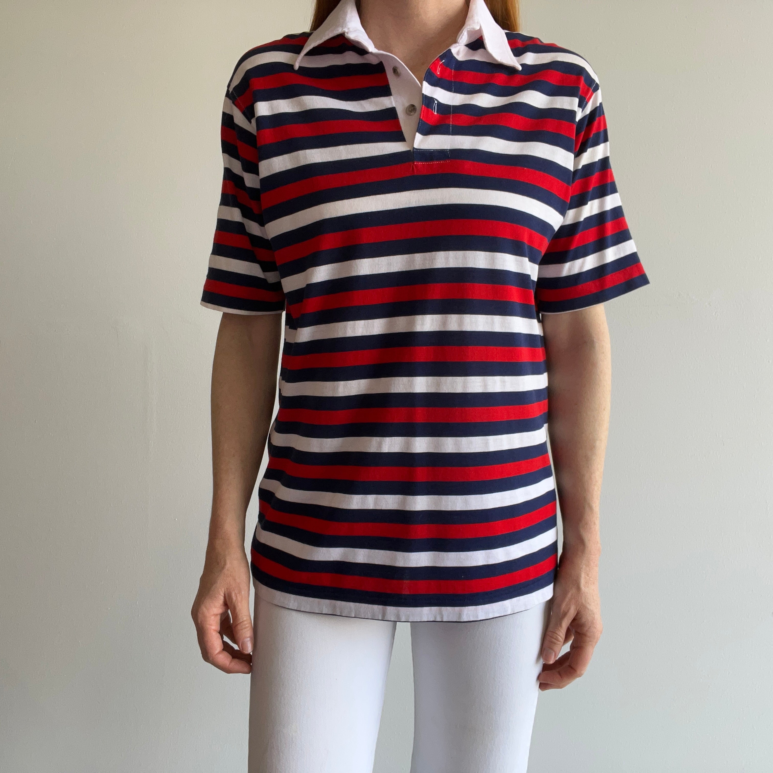 1970/80s Red, White and Blue Striped Polo Shirt