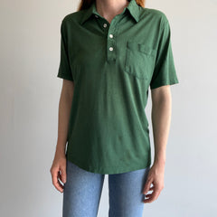 1970s Thinned Out Sun Faded Fir Green Polo Shirt - !!!