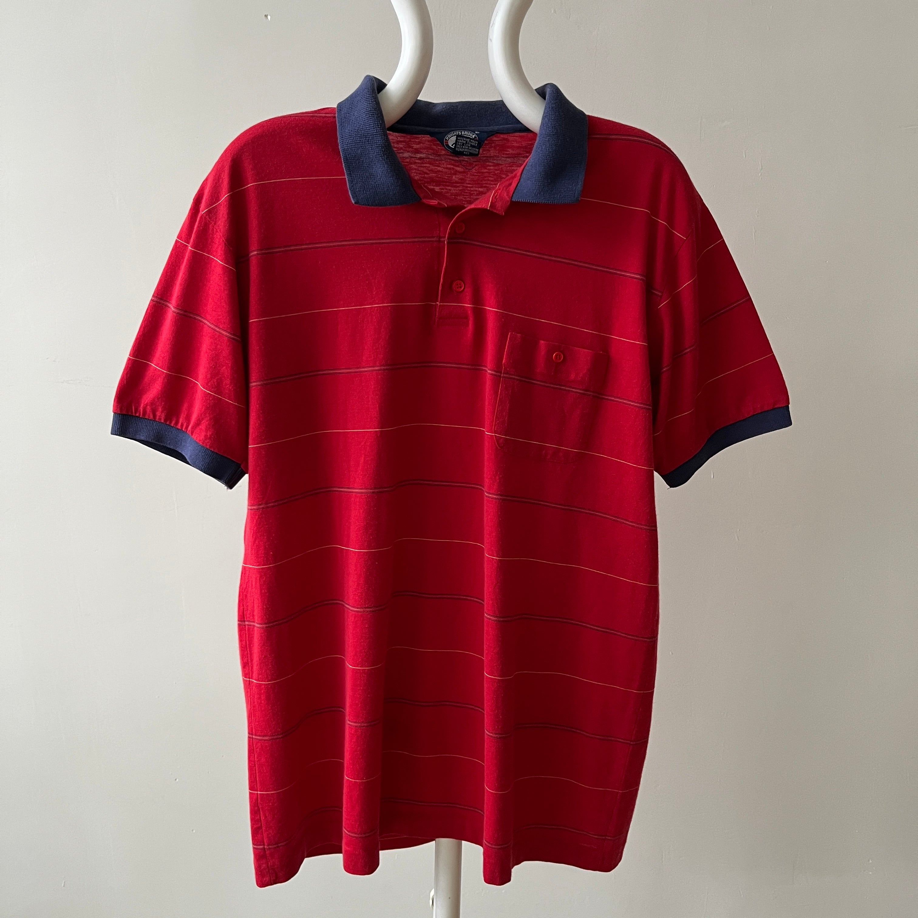 1980s Red and Navy Thin Striped Polo Style T Shirt