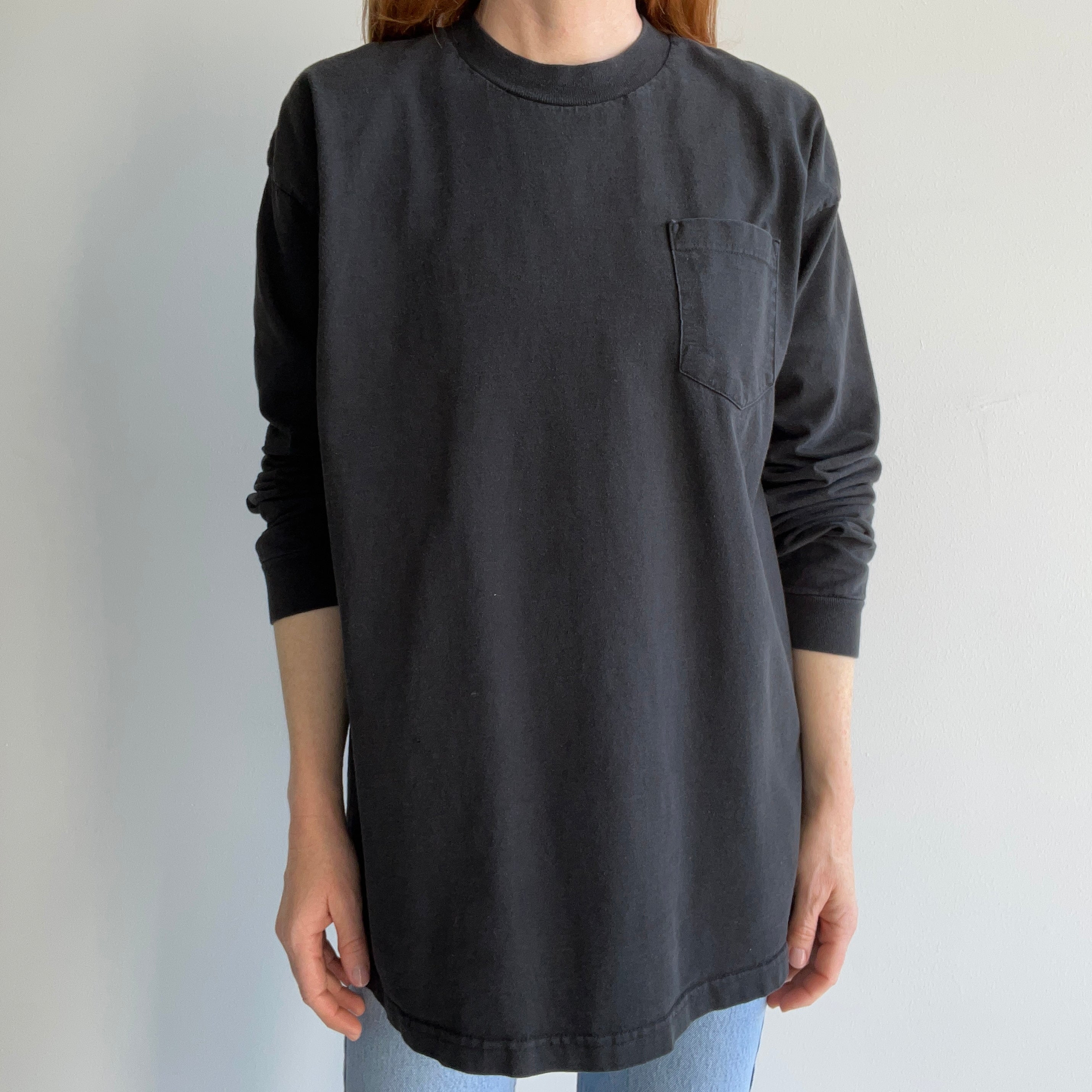 1990s Blank Perfectly Faded Long Sleeve Black Pocket T-Shirt by BVD