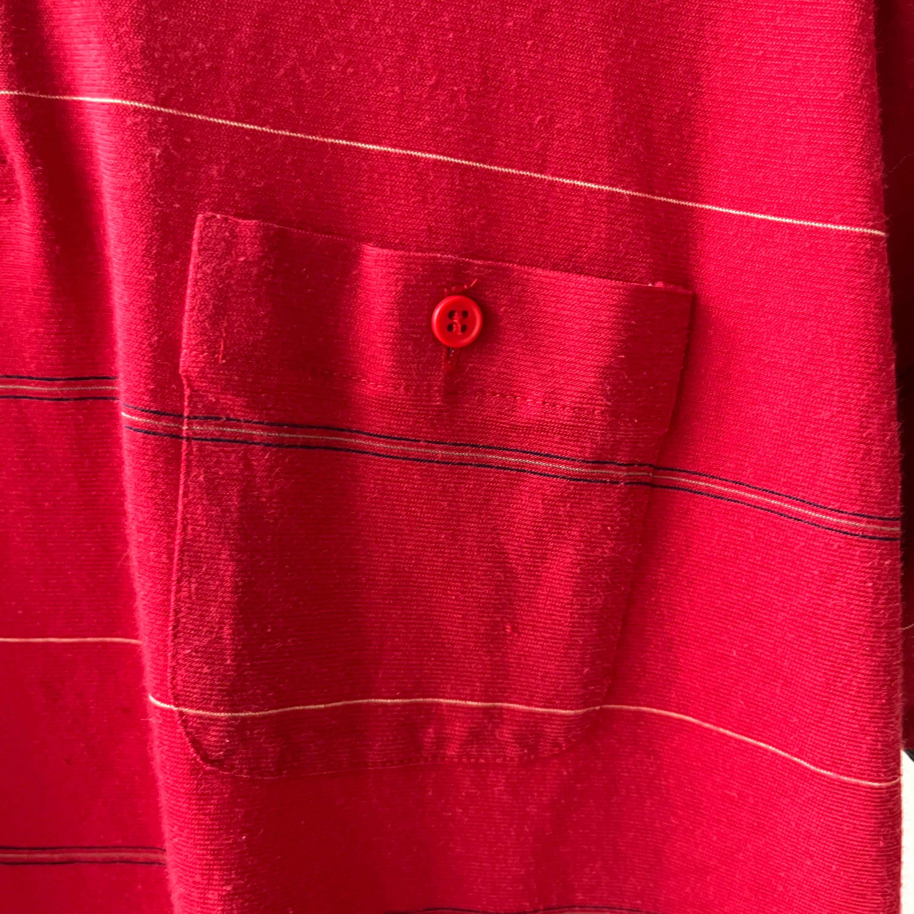 1980s Red and Navy Thin Striped Polo Style T Shirt