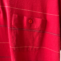 1980s Red and Navy Thin Striped Polo Style T Shirt