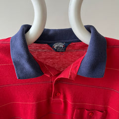 1980s Red and Navy Thin Striped Polo Style T Shirt
