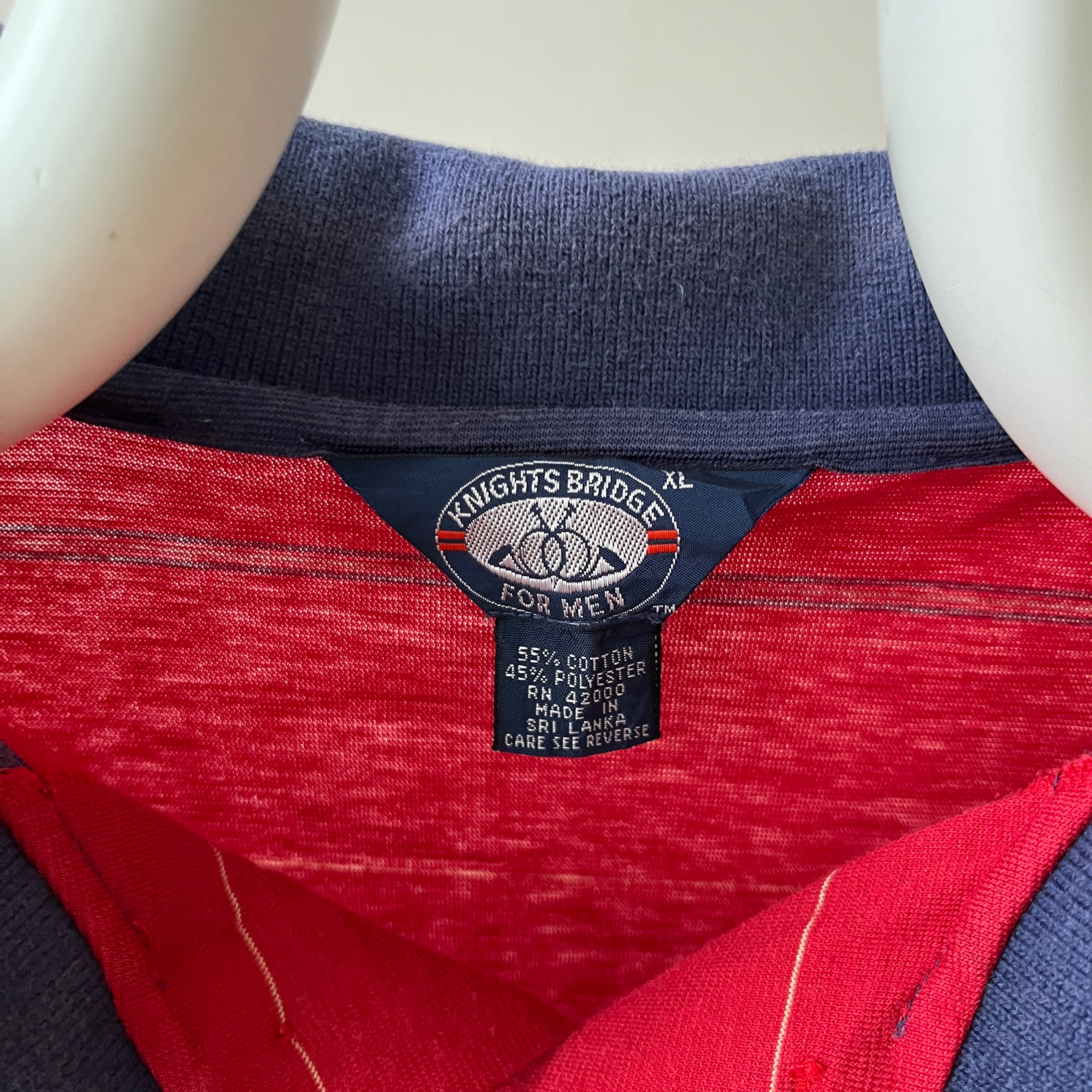 1980s Red and Navy Thin Striped Polo Style T Shirt