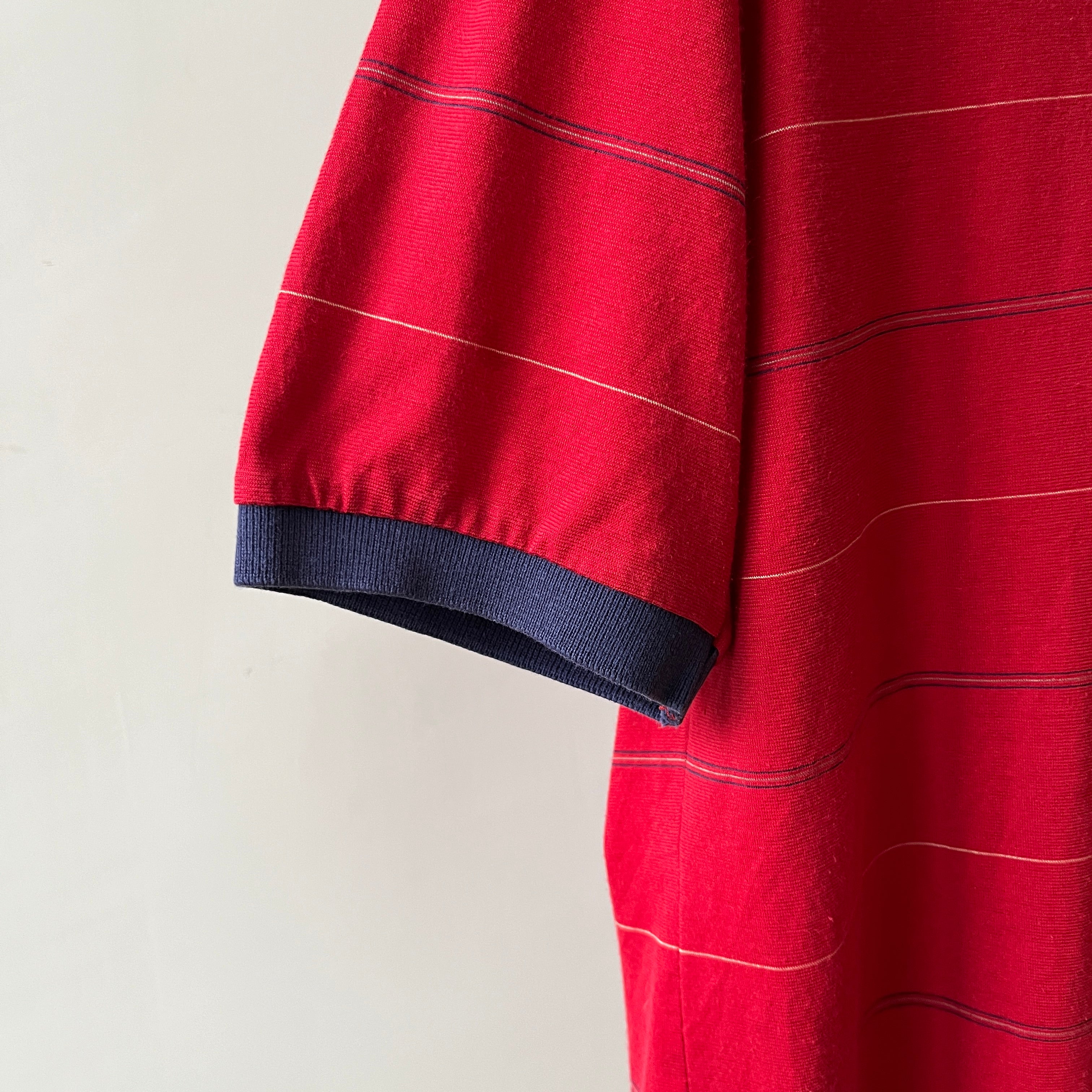 1980s Red and Navy Thin Striped Polo Style T Shirt