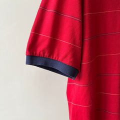 1980s Red and Navy Thin Striped Polo Style T Shirt
