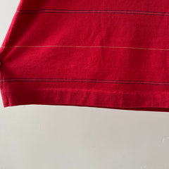 1980s Red and Navy Thin Striped Polo Style T Shirt