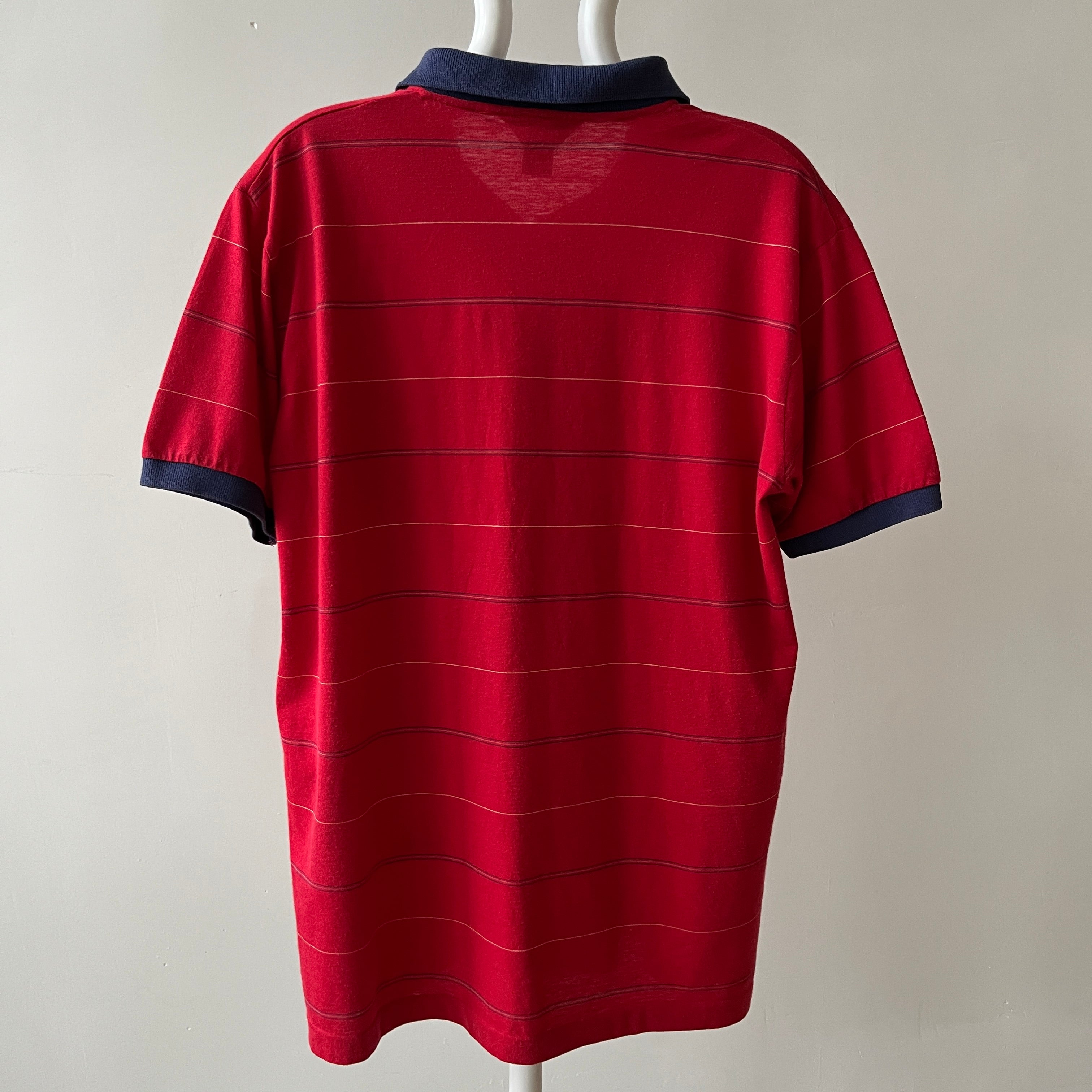 1980s Red and Navy Thin Striped Polo Style T Shirt