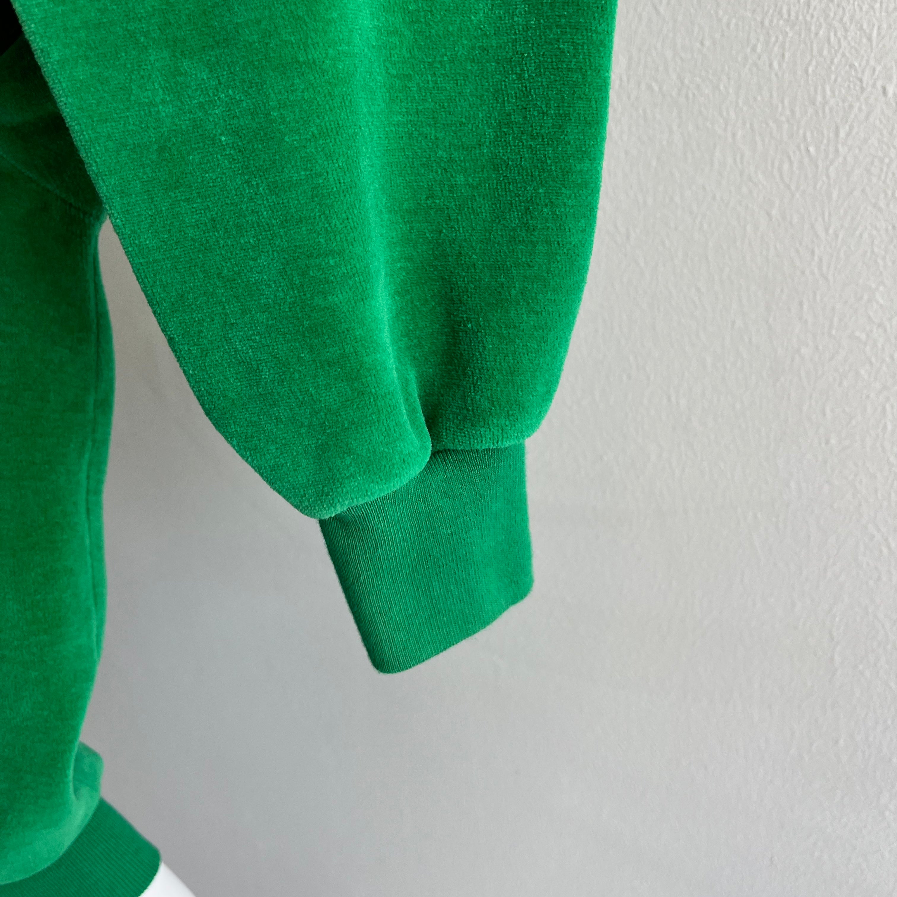 1970s Kelly Green Mock Neck Henley 100% Cotton (Velour) Long Sleeve Shirt