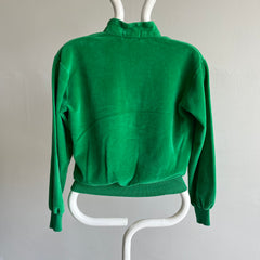 1970s Kelly Green Mock Neck Henley 100% Cotton (Velour) Long Sleeve Shirt