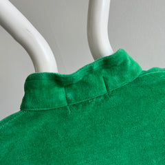 1970s Kelly Green Mock Neck Henley 100% Cotton (Velour) Long Sleeve Shirt