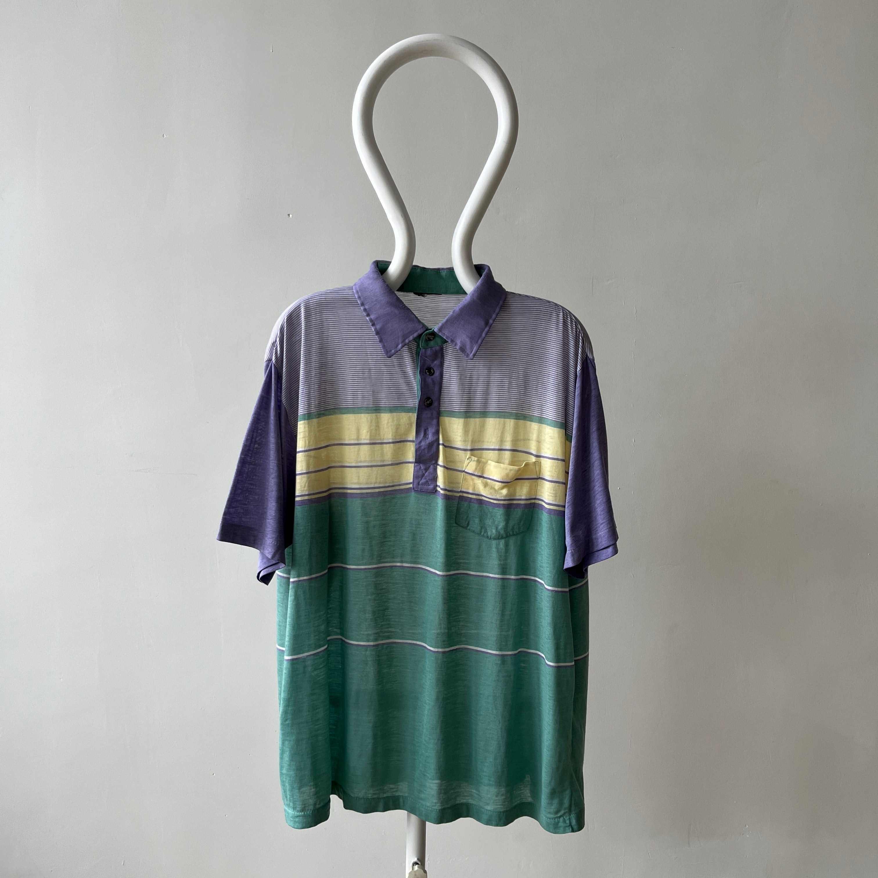 1980s Pastel Green And Purple Striped Polo Style T Shirt
