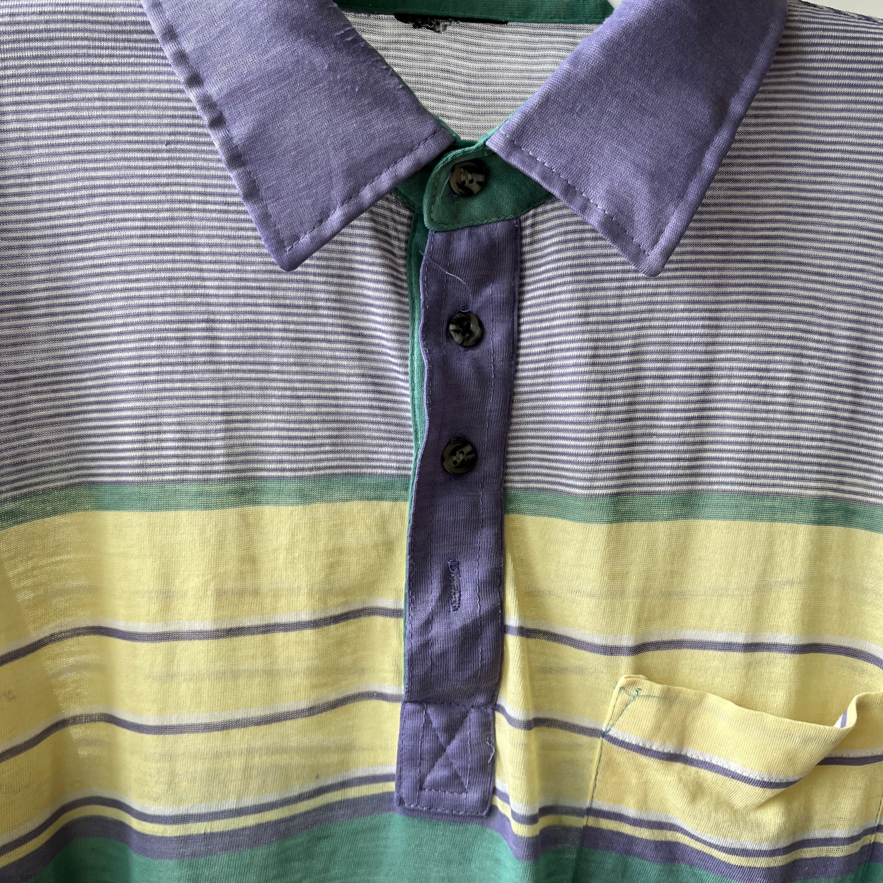 1980s Pastel Green And Purple Striped Polo Style T Shirt