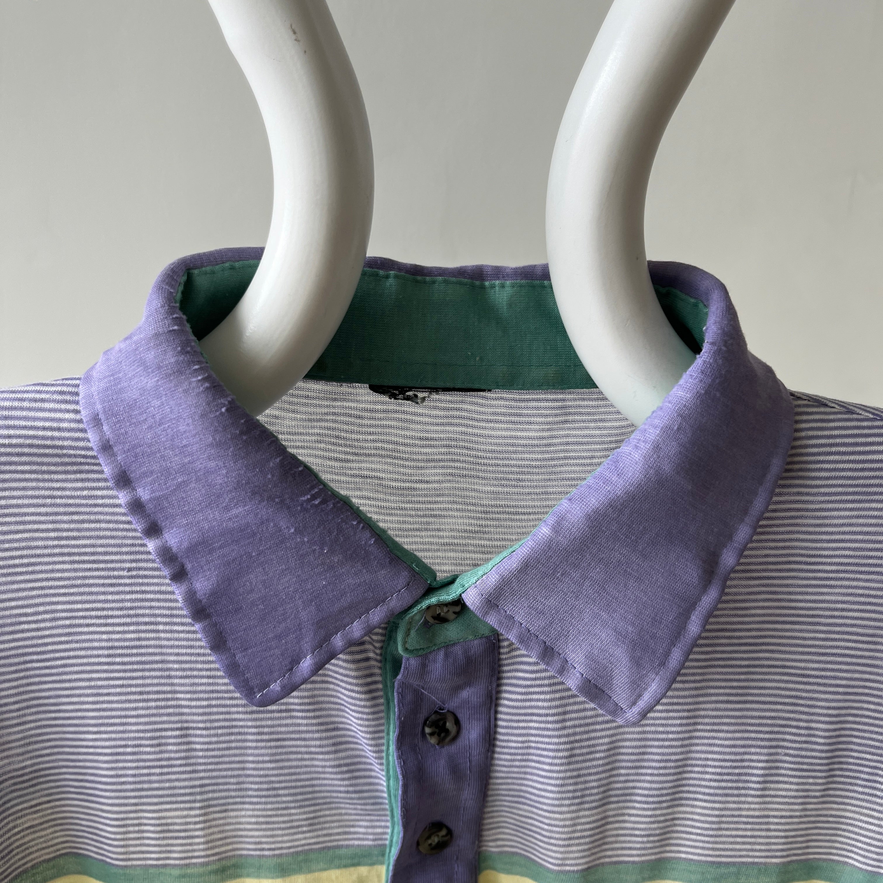 1980s Pastel Green And Purple Striped Polo Style T Shirt