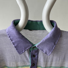 1980s Pastel Green And Purple Striped Polo Style T Shirt